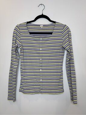 Inman Striped Square-Neck Long Sleeve Button Front ribbeb Top Lavender/Yellow M